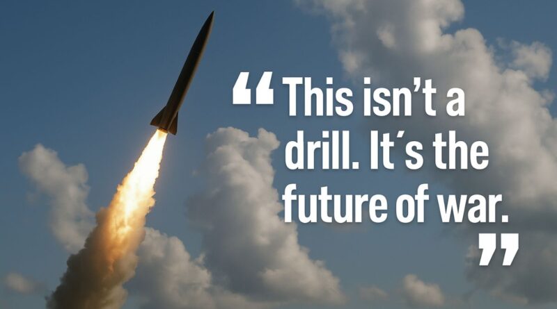 Hypersonic missile launches into the sky with quote overlay saying, “This isn’t a drill. It’s the future of war.”