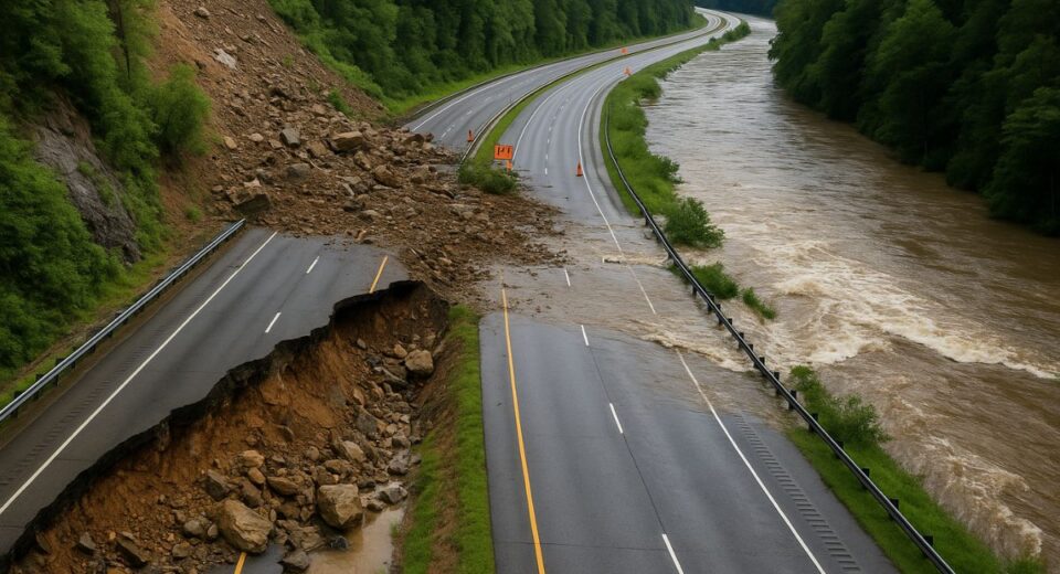 Collapsed section of I‑40 near Tennessee‑North Carolina state line after rockslide and flooding