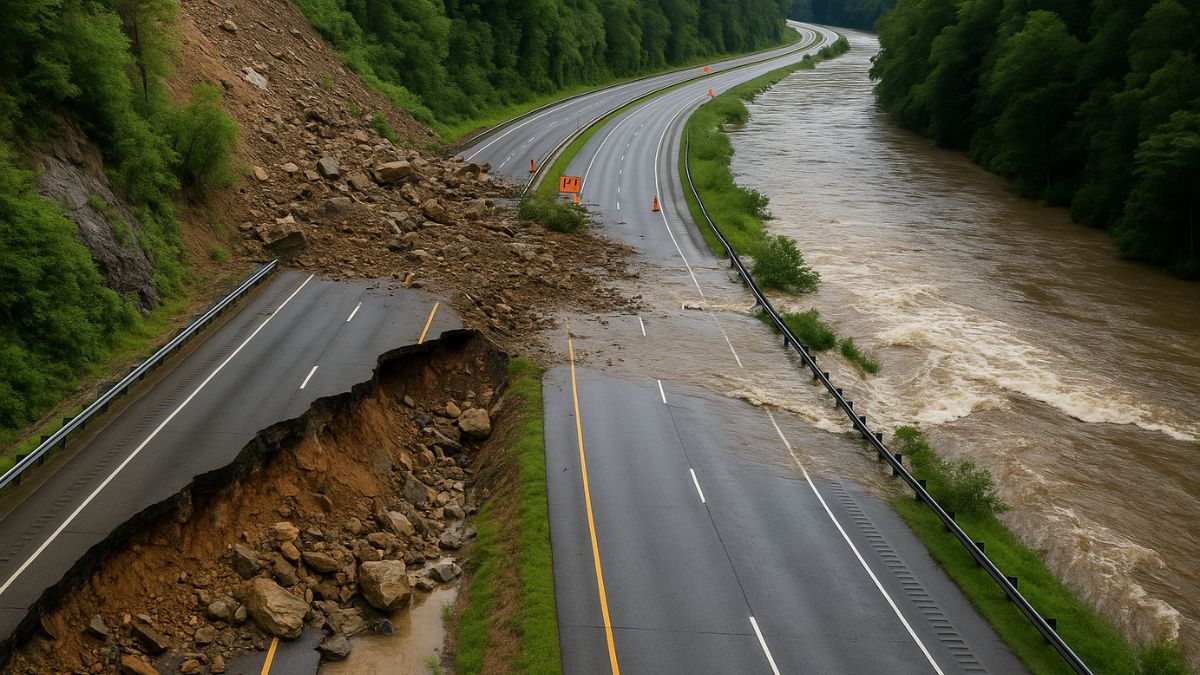 Collapsed section of I‑40 near Tennessee‑North Carolina state line after rockslide and flooding