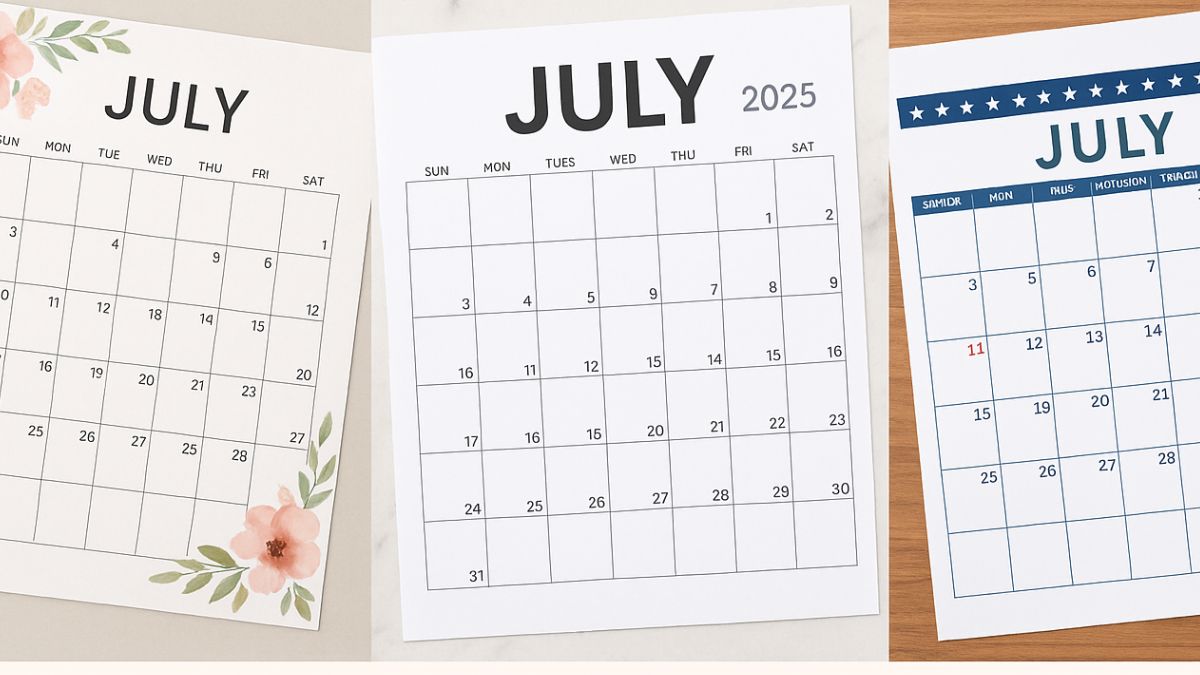 Three cute printable July 2025 calendars in floral, minimalist, and patriotic designs