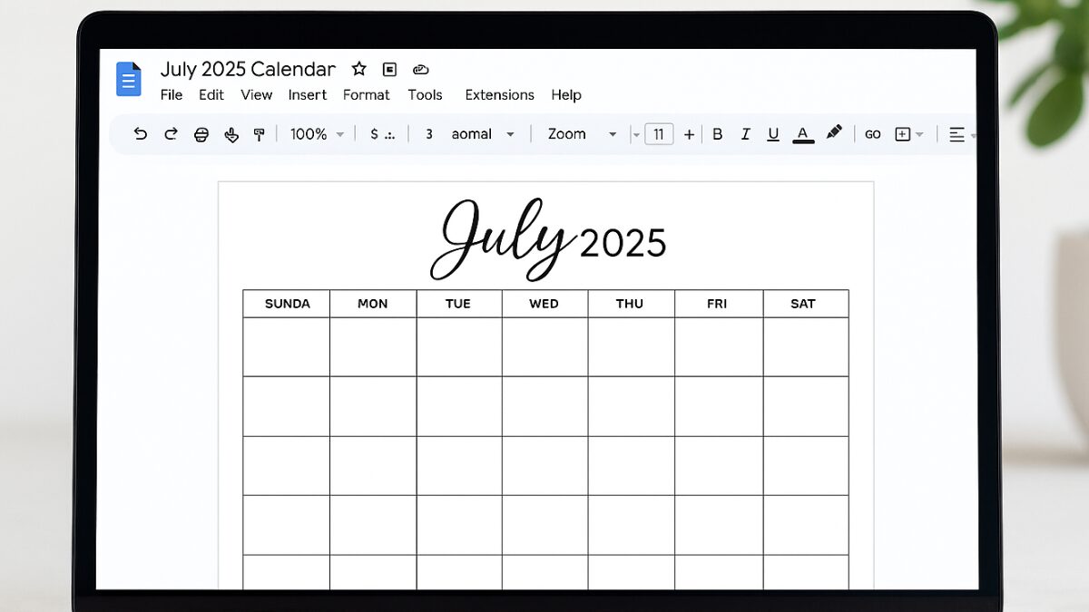 Editable Google Docs July 2025 calendar template on a laptop screen