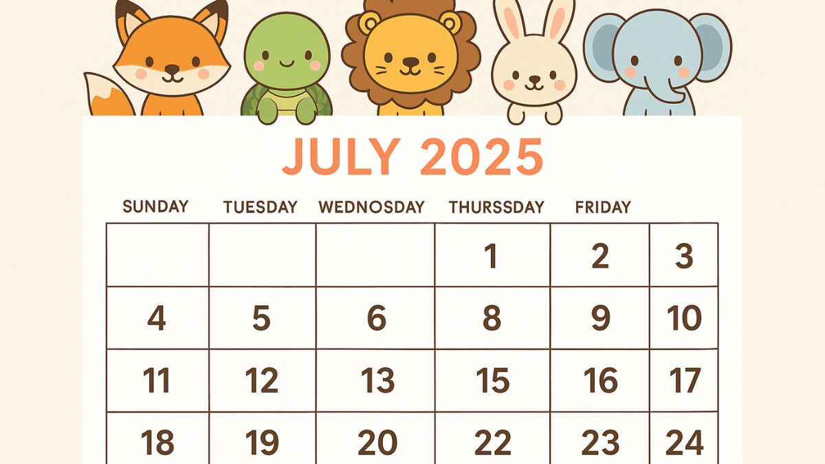 July 2025 printable calendar with cute cartoon animals for kids