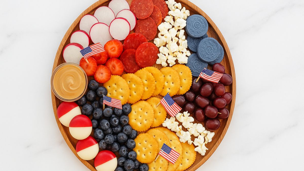 Patriotic Fourth of July snack board with crackers, fruits, popcorn, and cookies
