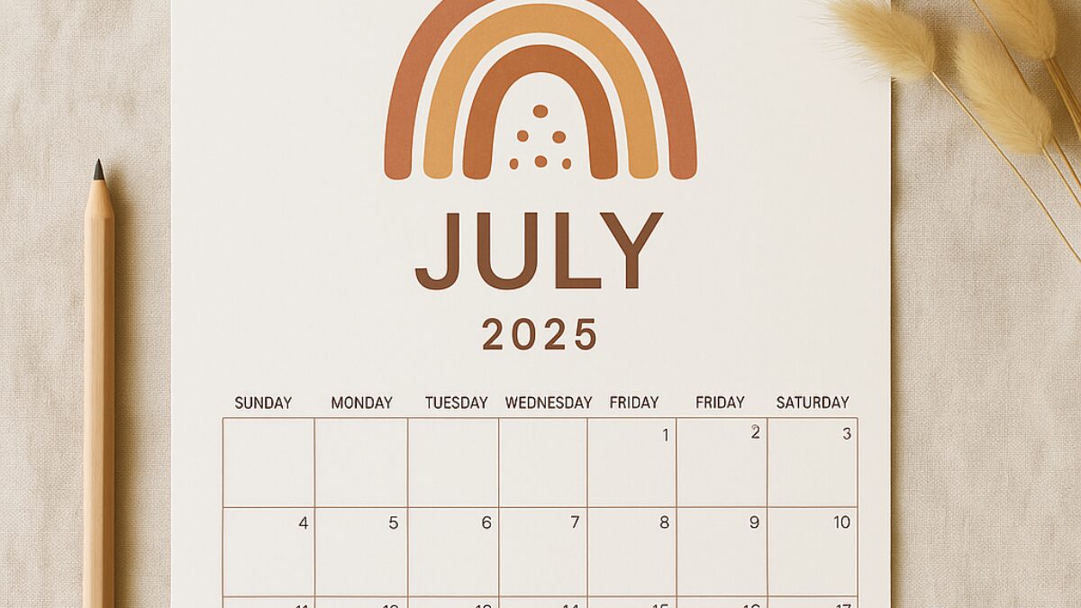 Boho-style July 2025 printable calendar with rainbow design and pencil on linen background