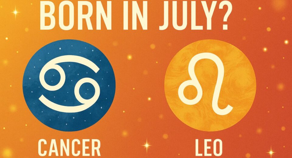 Cancer and Leo zodiac symbols on a vibrant July background