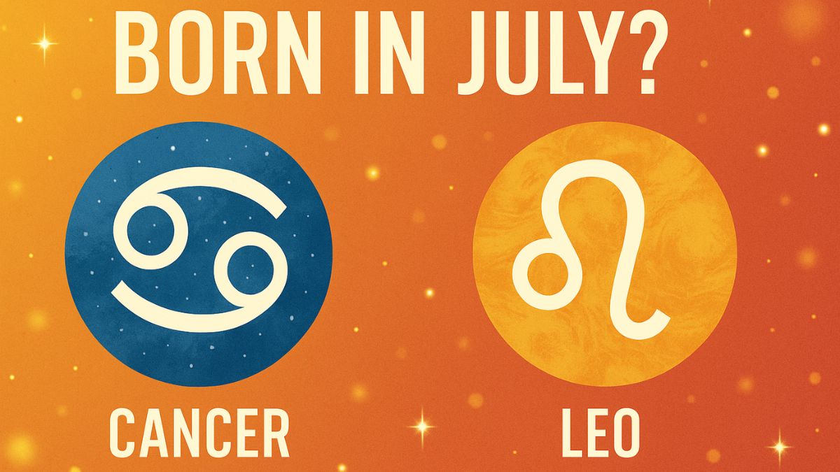 Cancer and Leo zodiac symbols on a vibrant July background