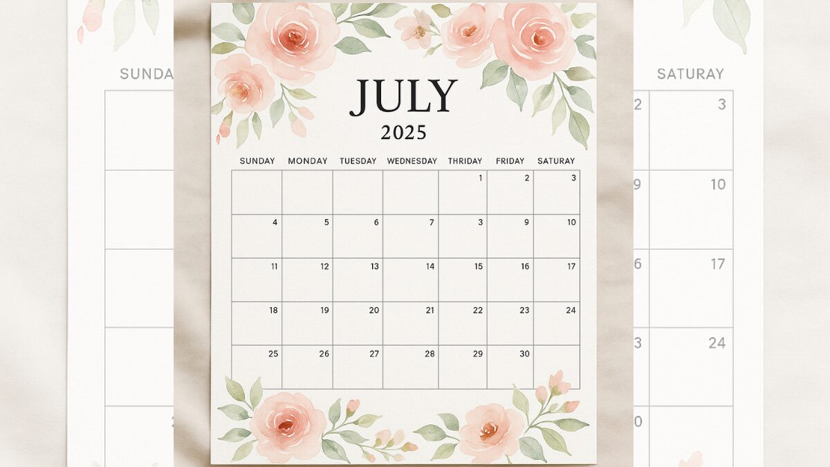 Watercolor floral printable calendar for July 2025