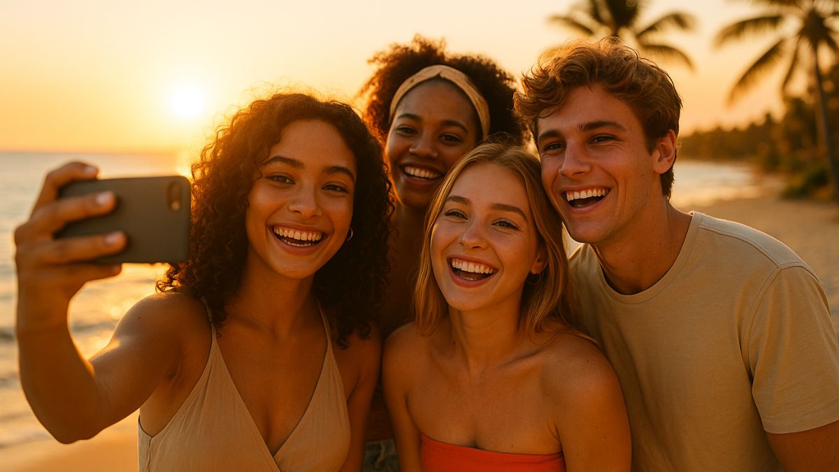 Friends taking summer selfies during sunset in June