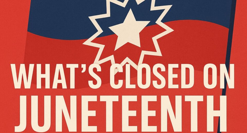 A graphic showing the Juneteenth flag with the text "What’s Closed on Juneteenth 2025?"