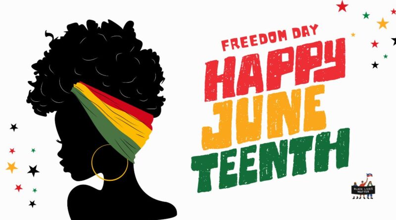 Illustration of a Black woman in profile with “Happy Juneteenth – Freedom Day” text