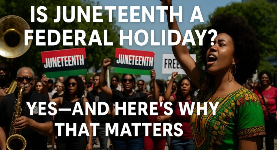 People celebrating Juneteenth with signs, music, and unity