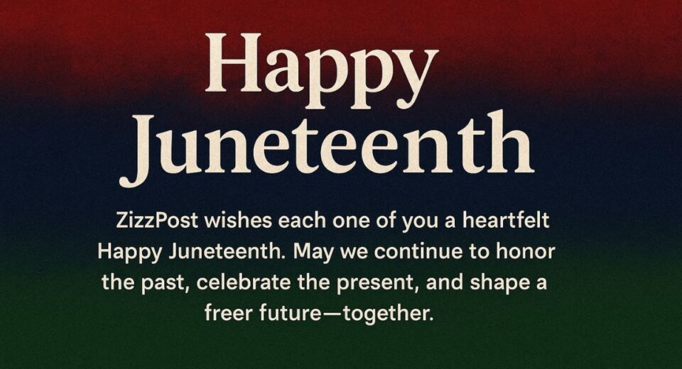 Happy Juneteenth wishes text overlay with Black family celebrating