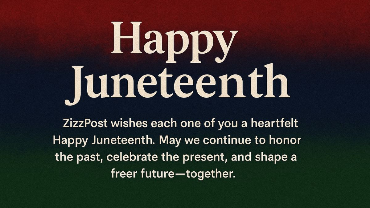 Happy Juneteenth wishes text overlay with Black family celebrating