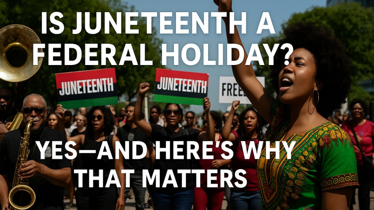 People celebrating Juneteenth with signs, music, and unity
