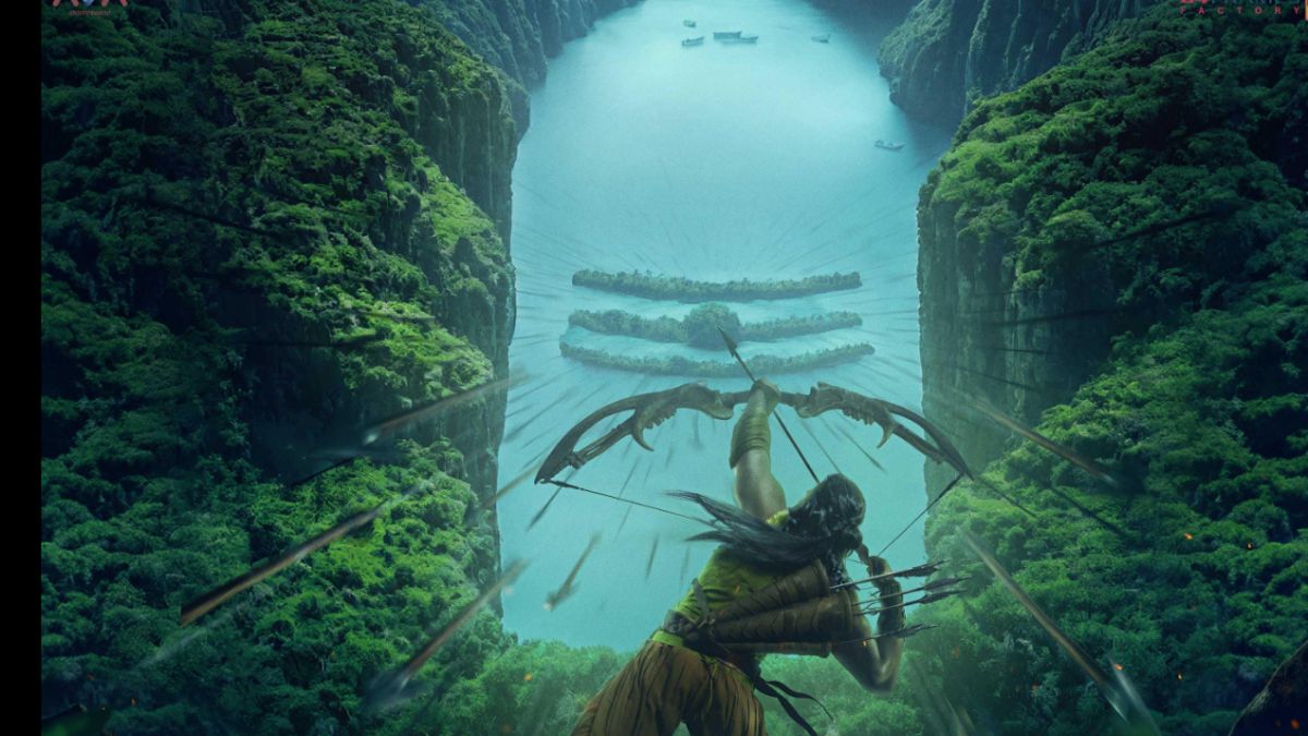 Kannappa aiming his bow at a sacred river surrounded by cliffs forming Shiva’s Trishul symbol