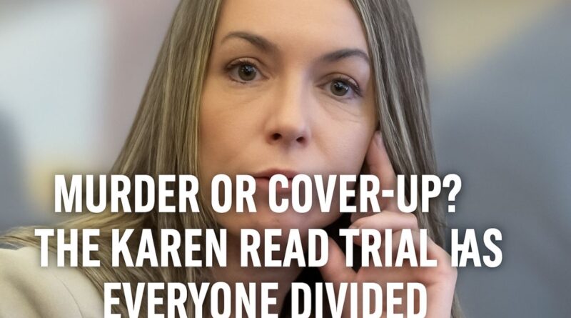 Karen Read in court with serious expression, overlaid with the headline “Murder or Cover-Up? The Karen Read Trial Has Everyone Divided”