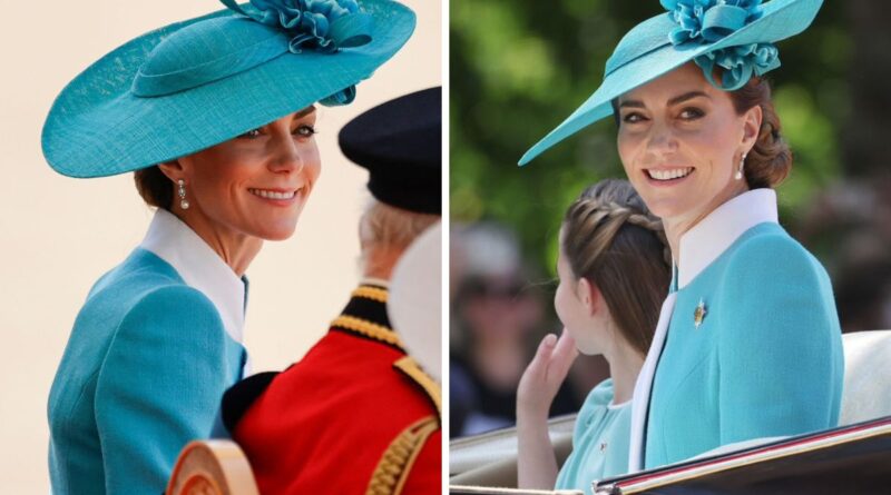 Princess Kate smiles at Trooping the Colour 2025 in a turquoise outfit and hat