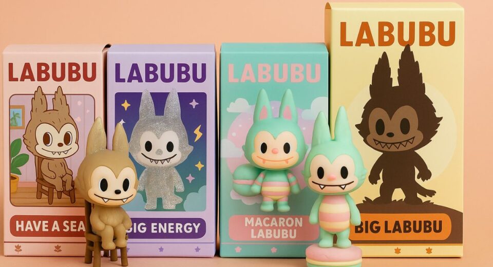 Labubu Pop Mart doll collection in pastel packaging