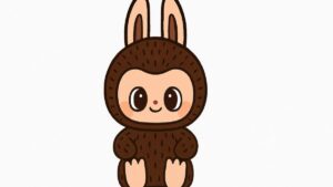 Cute cartoon version of Labubu in a brown bunny suit sitting calmly