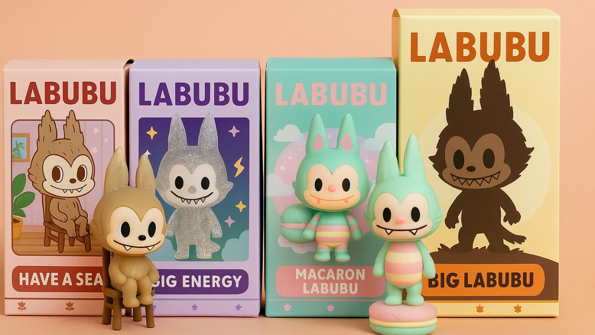 Labubu Pop Mart doll collection in pastel packaging
