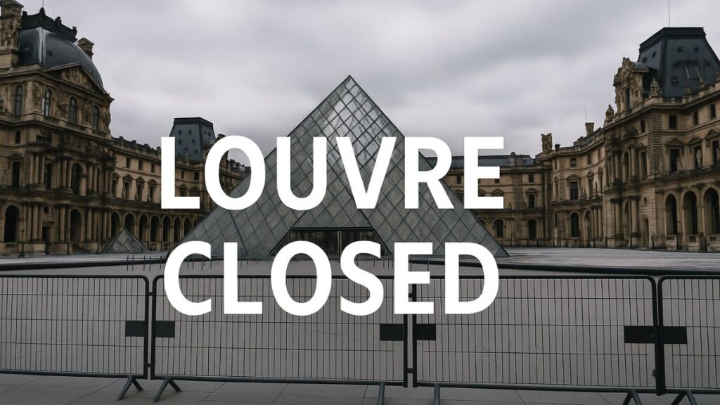 Louvre Museum closed with barriers in front of the glass pyramid