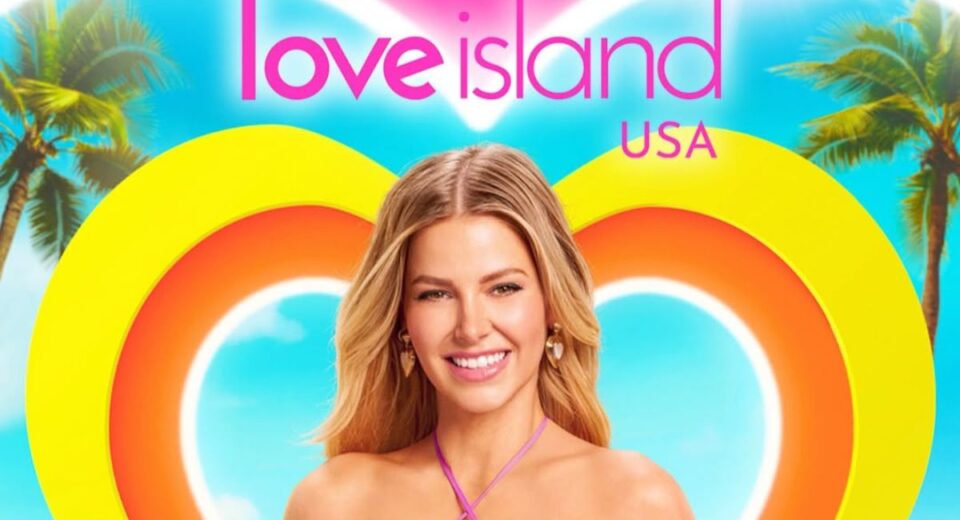 Ariana Madix in front of the Love Island USA Season 7 logo with a tropical backdrop