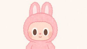 Cute pink Macaron Labubu cartoon in a fluffy bunny suit