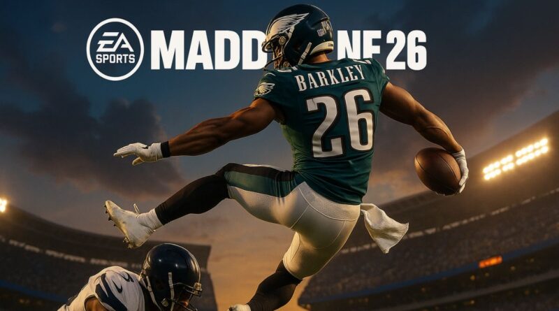 Saquon Barkley performing a reverse hurdle in Madden NFL 26 cover art
