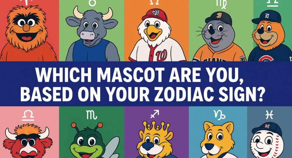 Colorful collage of popular US sports mascots labeled by zodiac signs