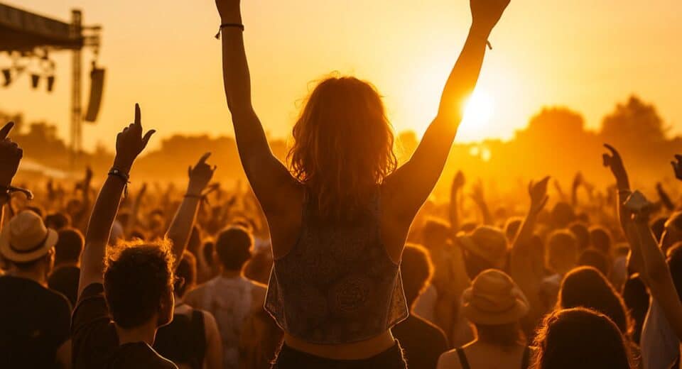 Sunset crowd at an outdoor music festival with hands raised and joyful energy