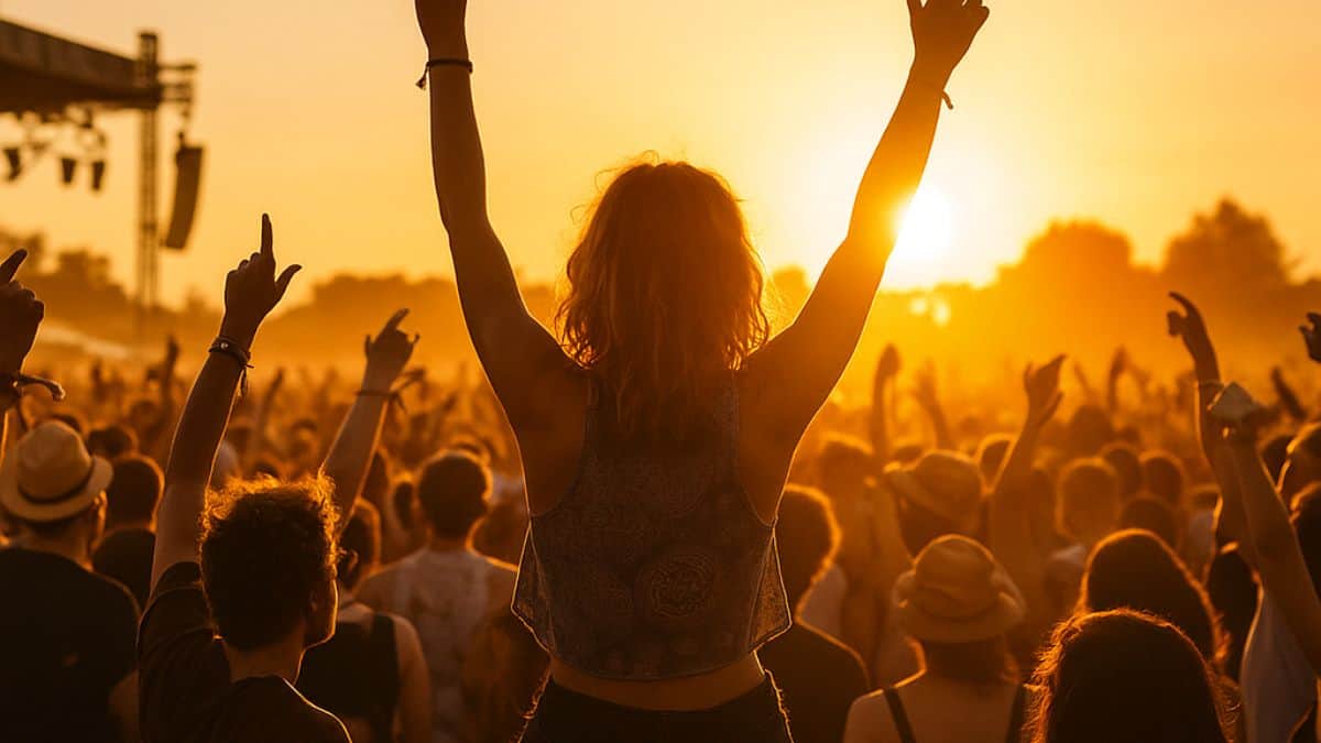 Sunset crowd at an outdoor music festival with hands raised and joyful energy