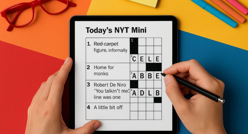 Person solving today’s NYT Mini Crossword on a colorful desk with answers CELEB, ABBEY, and ADLIB