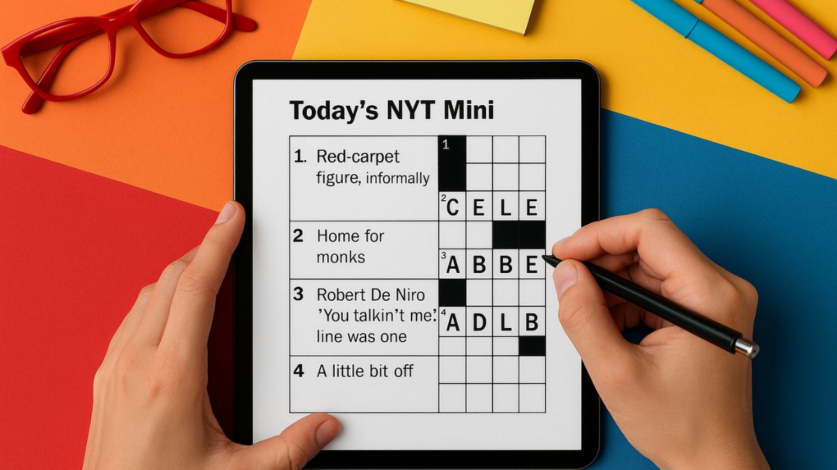 Person solving today’s NYT Mini Crossword on a colorful desk with answers CELEB, ABBEY, and ADLIB