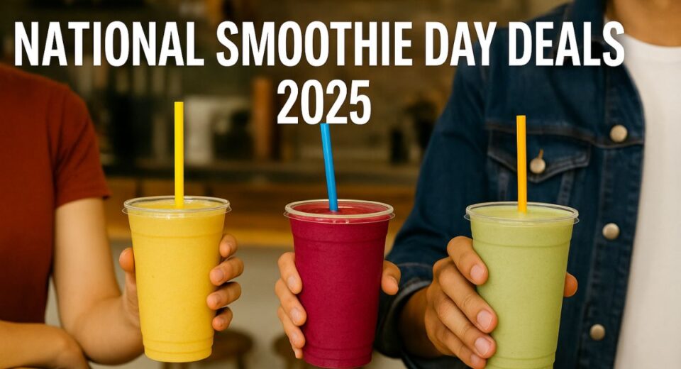 People holding colorful smoothies at a smoothie bar with text overlay for National Smoothie Day deals