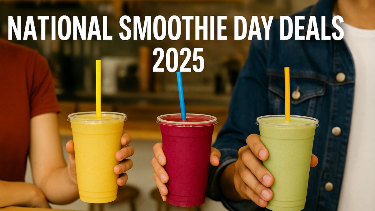 People holding colorful smoothies at a smoothie bar with text overlay for National Smoothie Day deals