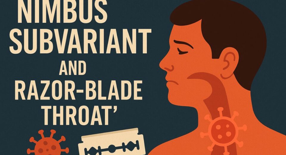 Illustration of a man with sore throat pain due to the Nimbus COVID subvariant, with virus and razor blade visuals