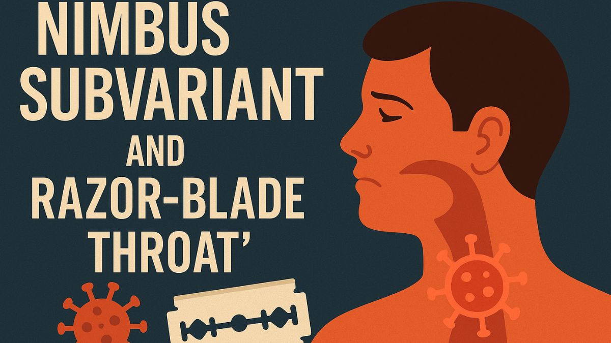 Illustration of a man with sore throat pain due to the Nimbus COVID subvariant, with virus and razor blade visuals