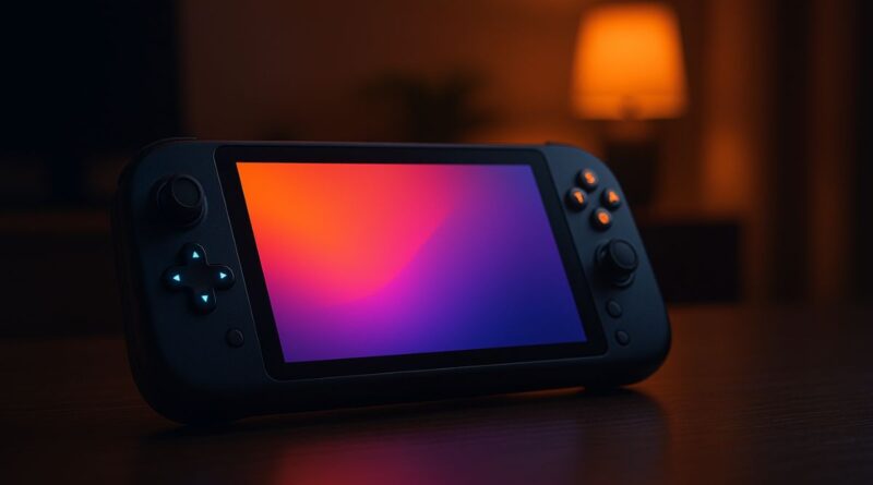Modern handheld gaming console on a wooden desk with ambient lighting