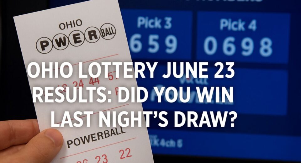 Ohio Lottery Powerball ticket with June 23 numbers in background