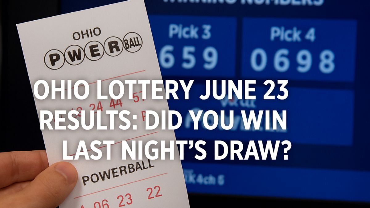 Ohio Lottery Powerball ticket with June 23 numbers in background