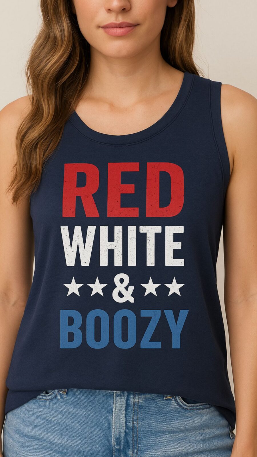 Woman wearing a "Red, White & Boozy" 4th of July graphic tank top
