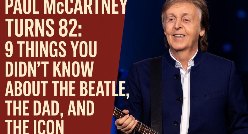 Paul McCartney smiling on stage, holding a guitar, age 82