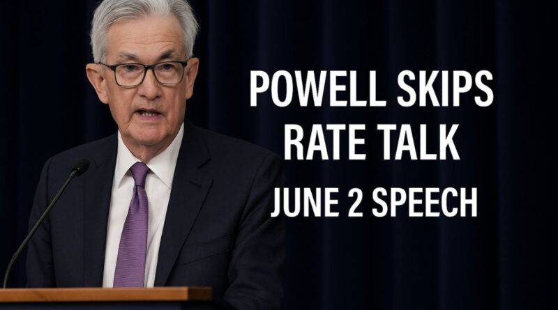 Jerome Powell at podium delivering a speech on June 2, 2025, at the Fed’s 75th anniversary event