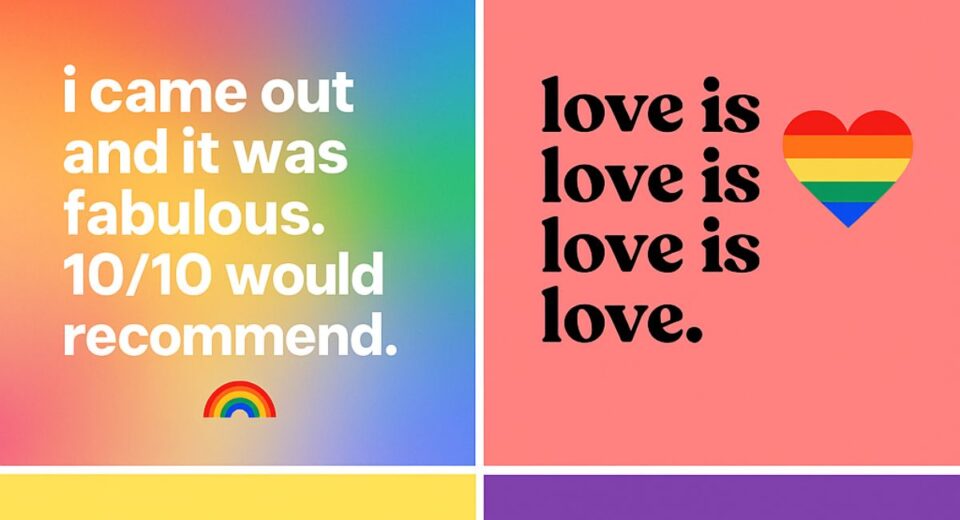 Colorful Pride-themed Instagram quote designs featuring LGBTQ+ affirmations