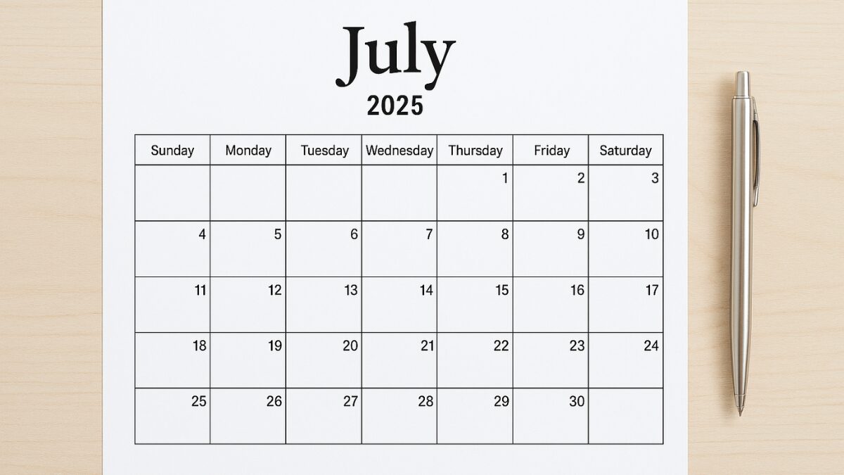 Printable July 2025 calendar with Sunday start layout on wood desk