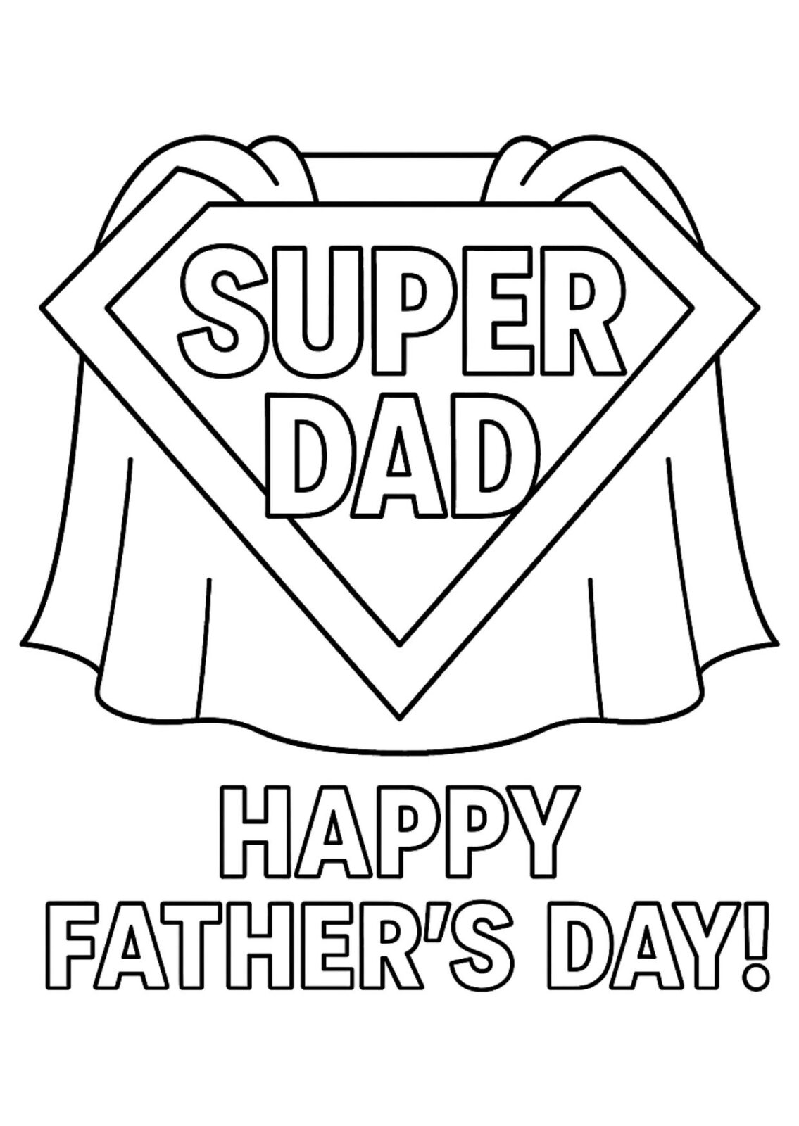 Black and white Father’s Day card with “Super Dad” emblem and cape, designed for kids to color
