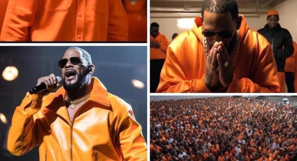 R. Kelly in orange prison-style outfit with crowd and performance scenes