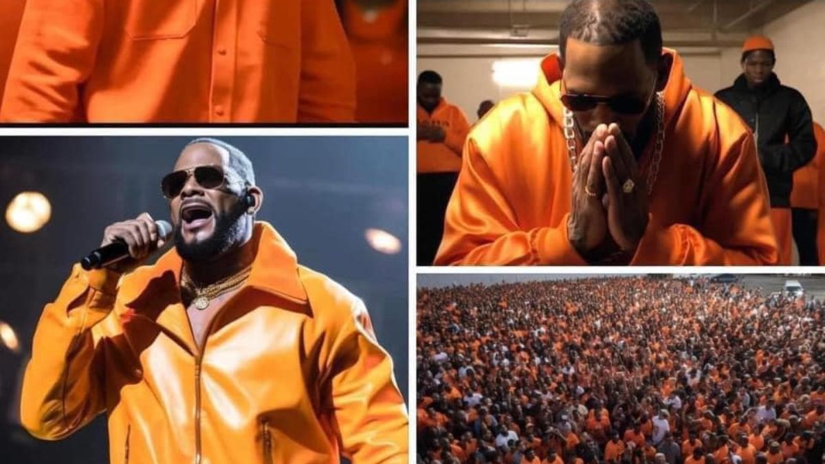 R. Kelly in orange prison-style outfit with crowd and performance scenes