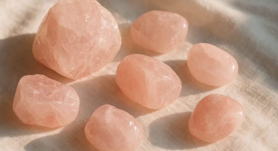 Rose quartz crystals glowing in soft sunlight on a white cloth