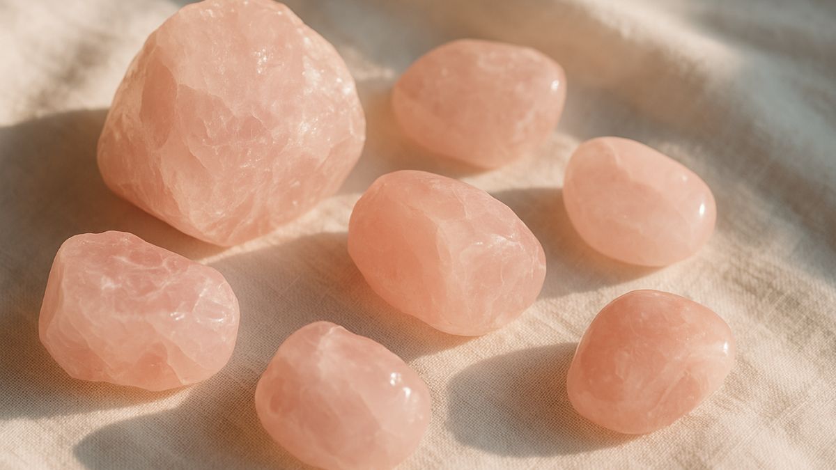 Rose quartz crystals glowing in soft sunlight on a white cloth